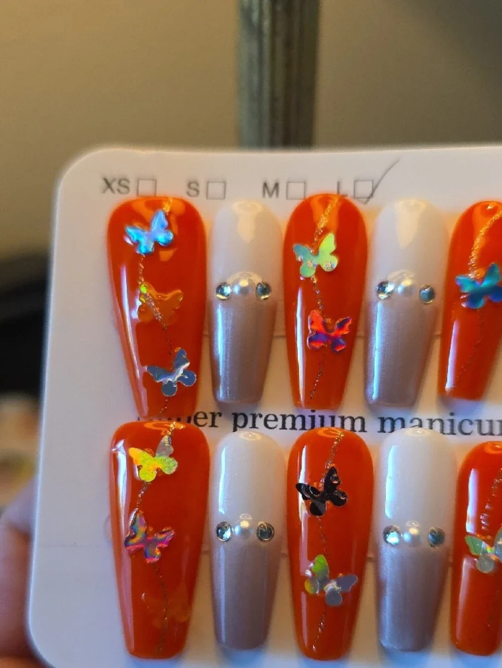 Orange Butterfly Press-On Nail Set by Size Large